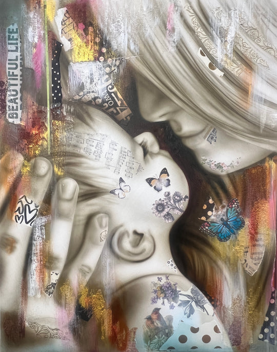 Airbrushed mother and child artwork in soft tones with butterfly accents, expressing beauty, hope, and divine connection.