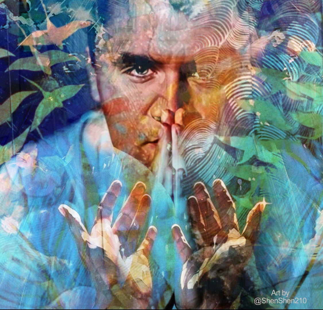 Artistic depiction of Charlie Kirk with hands outstretched, surrounded by abstract patterns and colors.
