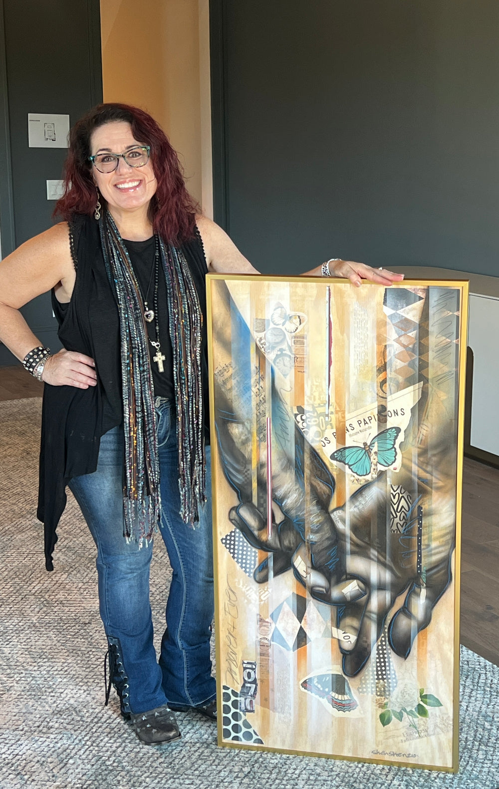 ShenShen210 with her mixed media painting with sheet music, butterflies, and vintage textures.