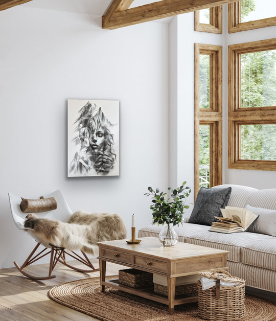 Resilient Love displayed in a modern living room above a sofa and coffee table.