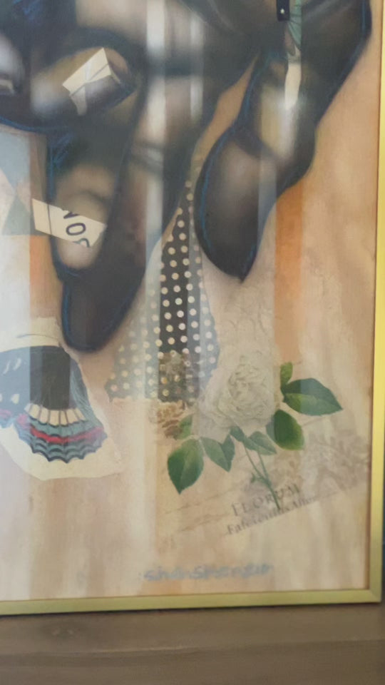 Airbrush and mixed media art on wood featuring interlocked hands, teal butterfly, floral collage – contemporary fine art.